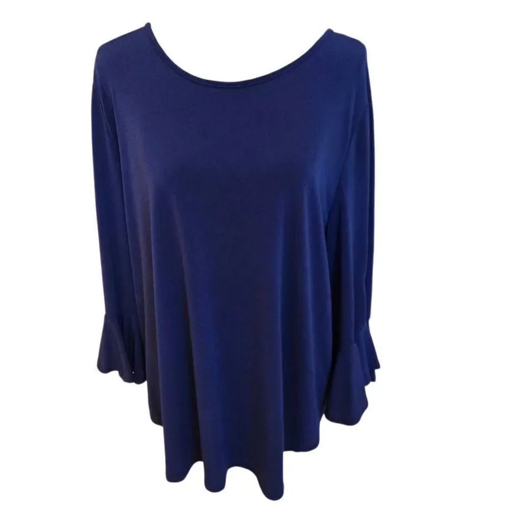 Green Envelope Women's Bell 3/4 Sleeves Stretchy Pull Over Blouse Navy Blue 1X